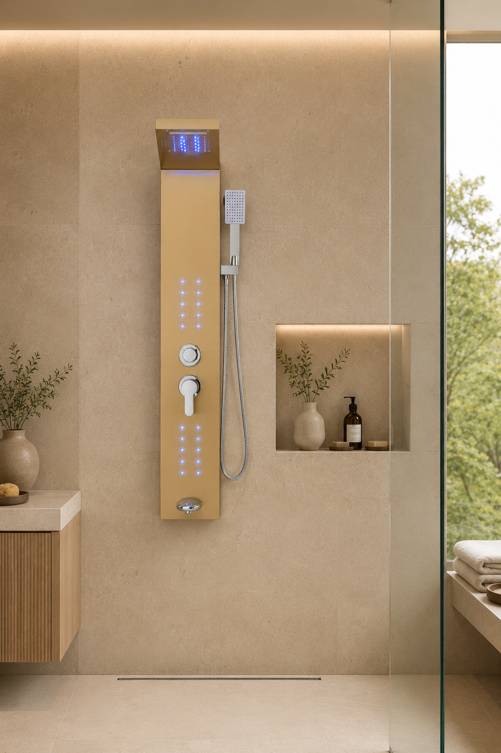Colonne de douche hydromassante Auro or brossé, tête LED et jets spa