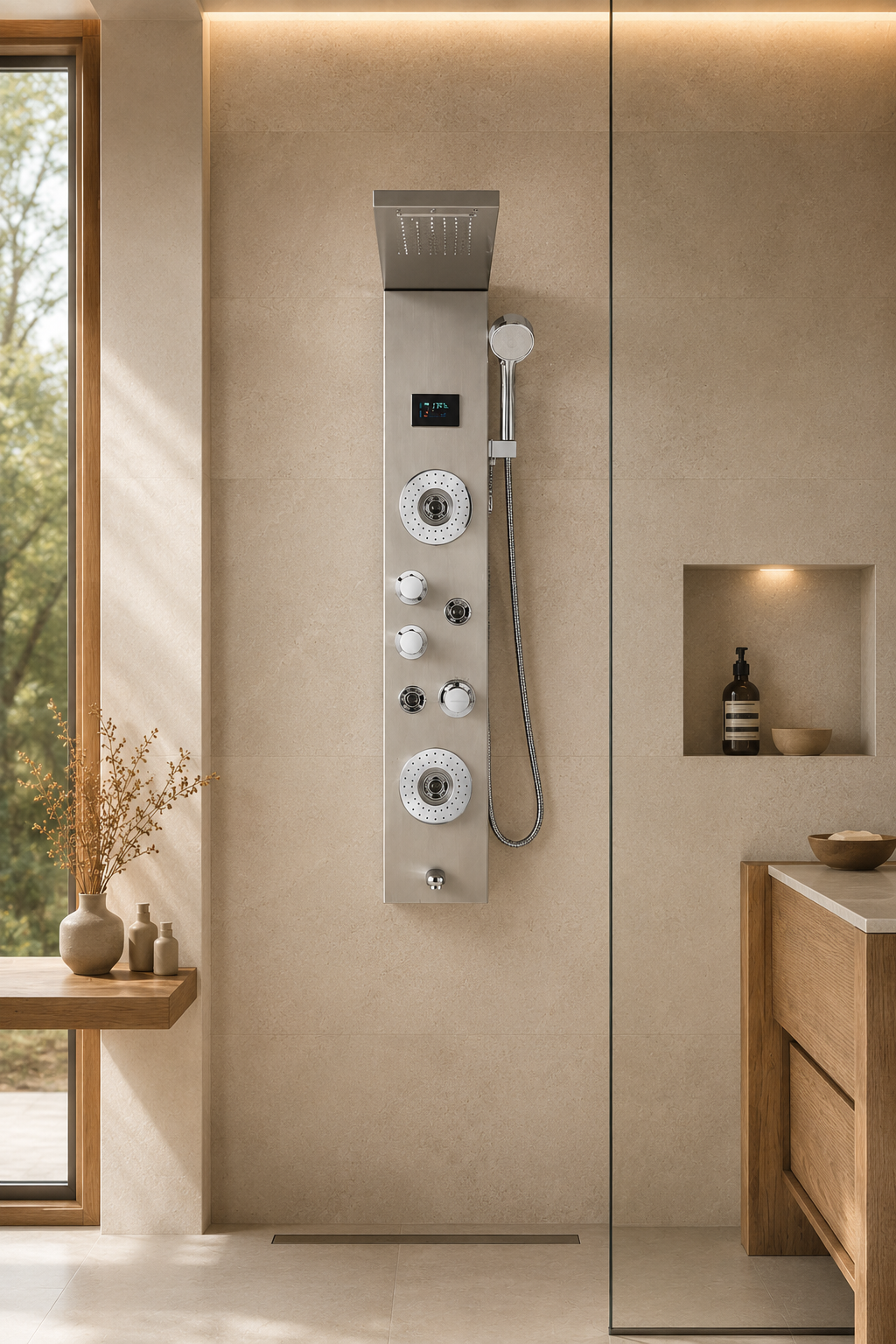 Colonne de douche hydromassante Calidor à jets concentriques, finition nickel