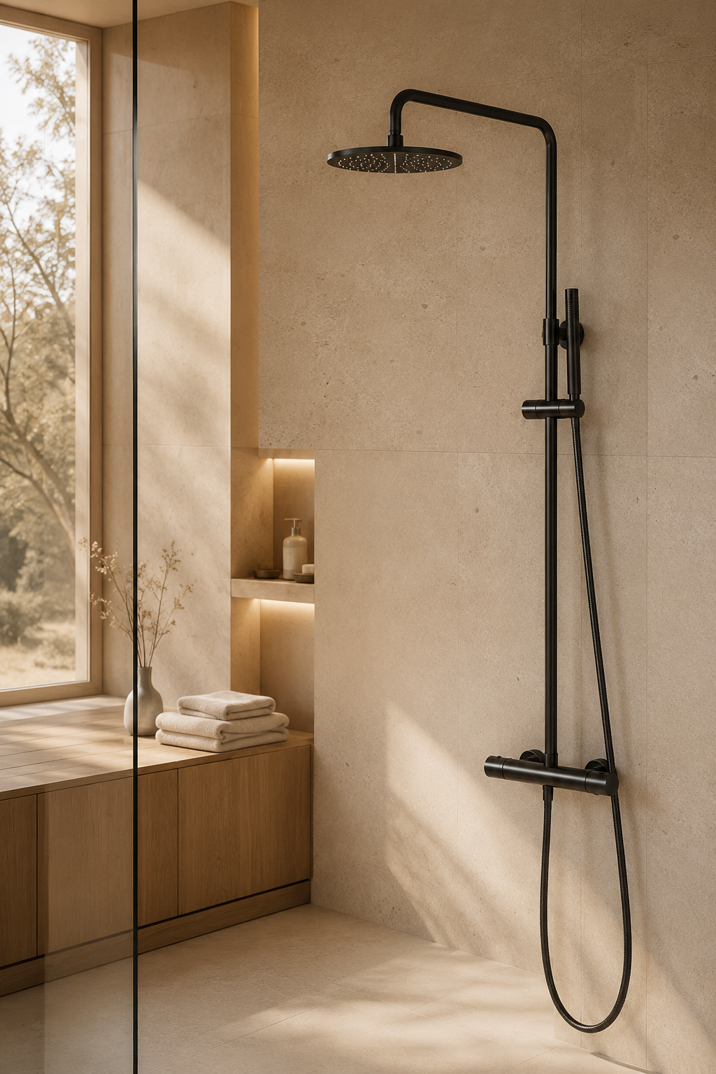 Colonne de douche thermostatique noire Vanta 20 cm, vue de profil