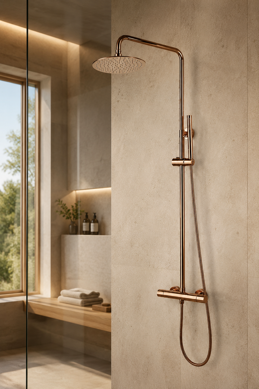 Colonne de douche thermostatique dorée Vanta 30 cm, vue de profil