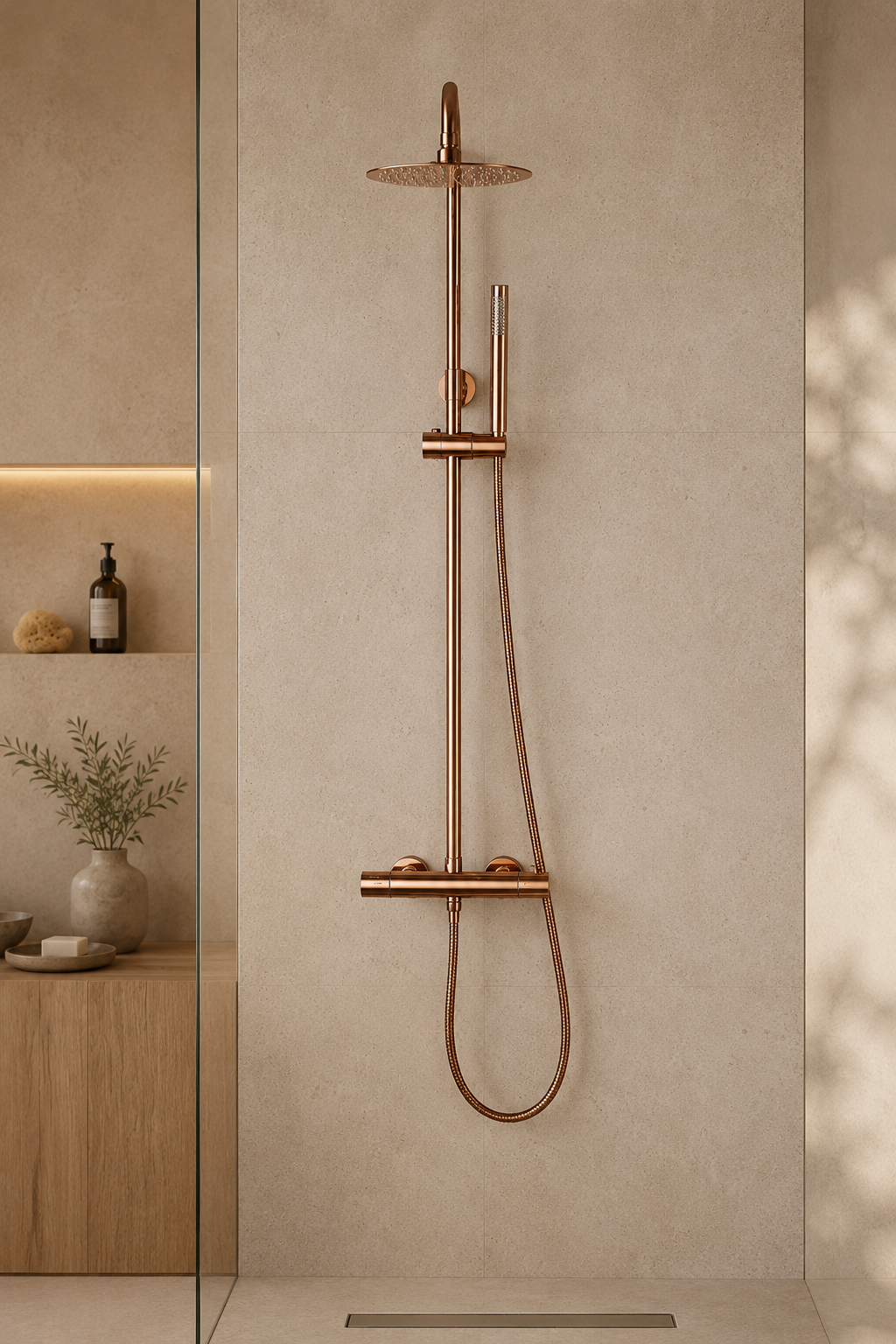 Colonne de douche thermostatique dorée Vanta 20 cm, vue de face