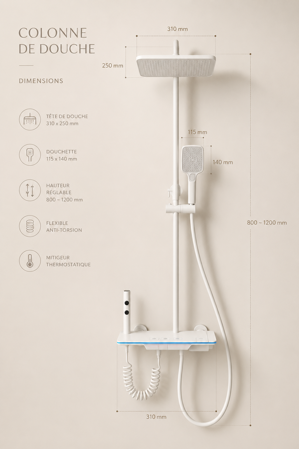 Colonne de douche thermostatique à écran LED blanche Onyx, détail