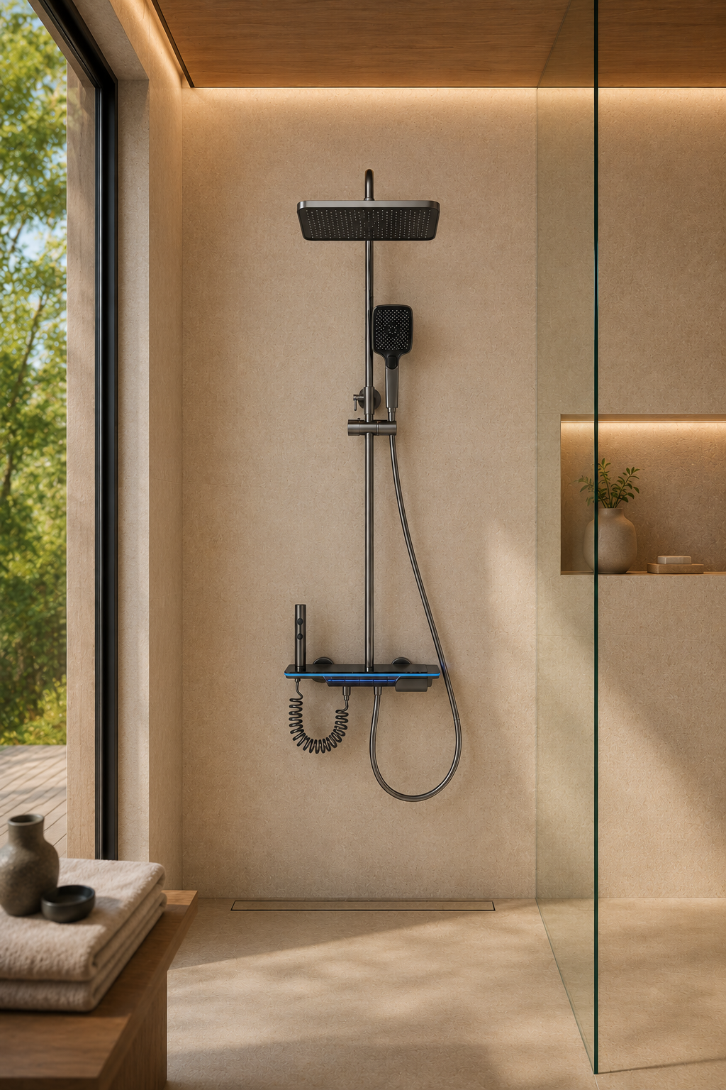 Colonne de douche thermostatique à écran LED grise Onyx, écran LED et tablette