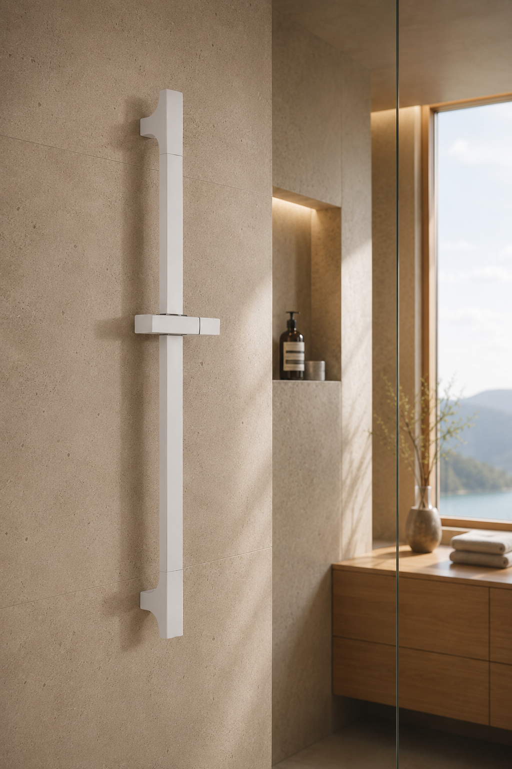 Barre de douche coulissante réglable blanche Span, vue de profil
