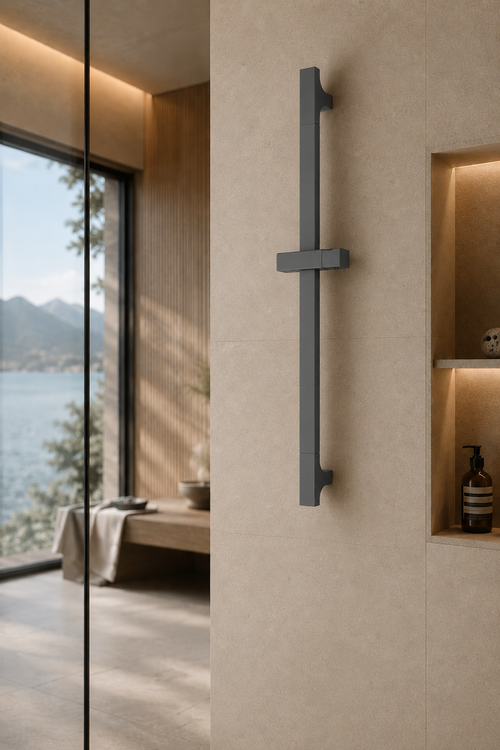 Barre de douche coulissante réglable grise Span, vue de profil