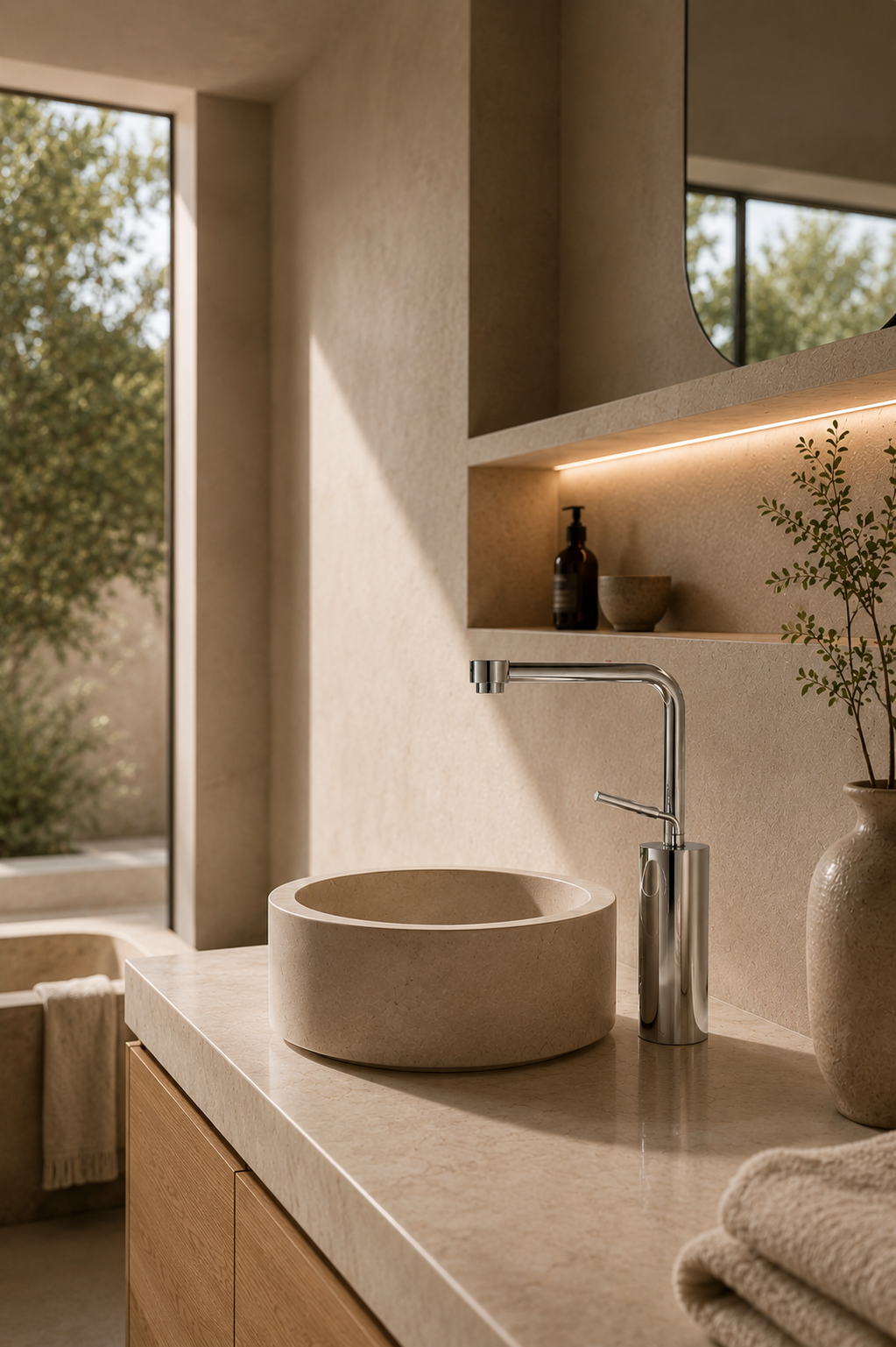 Mitigeur de lavabo ORÉA chrome, version haute en situation
