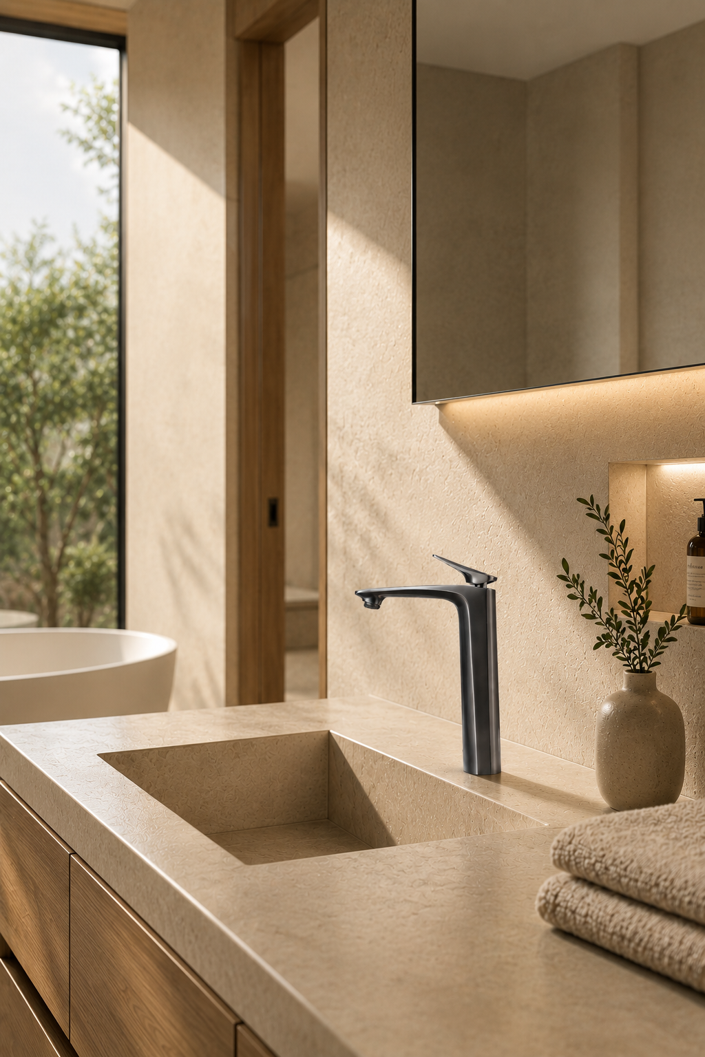 Mitigeur de lavabo NÉVOR gris brossé en situation