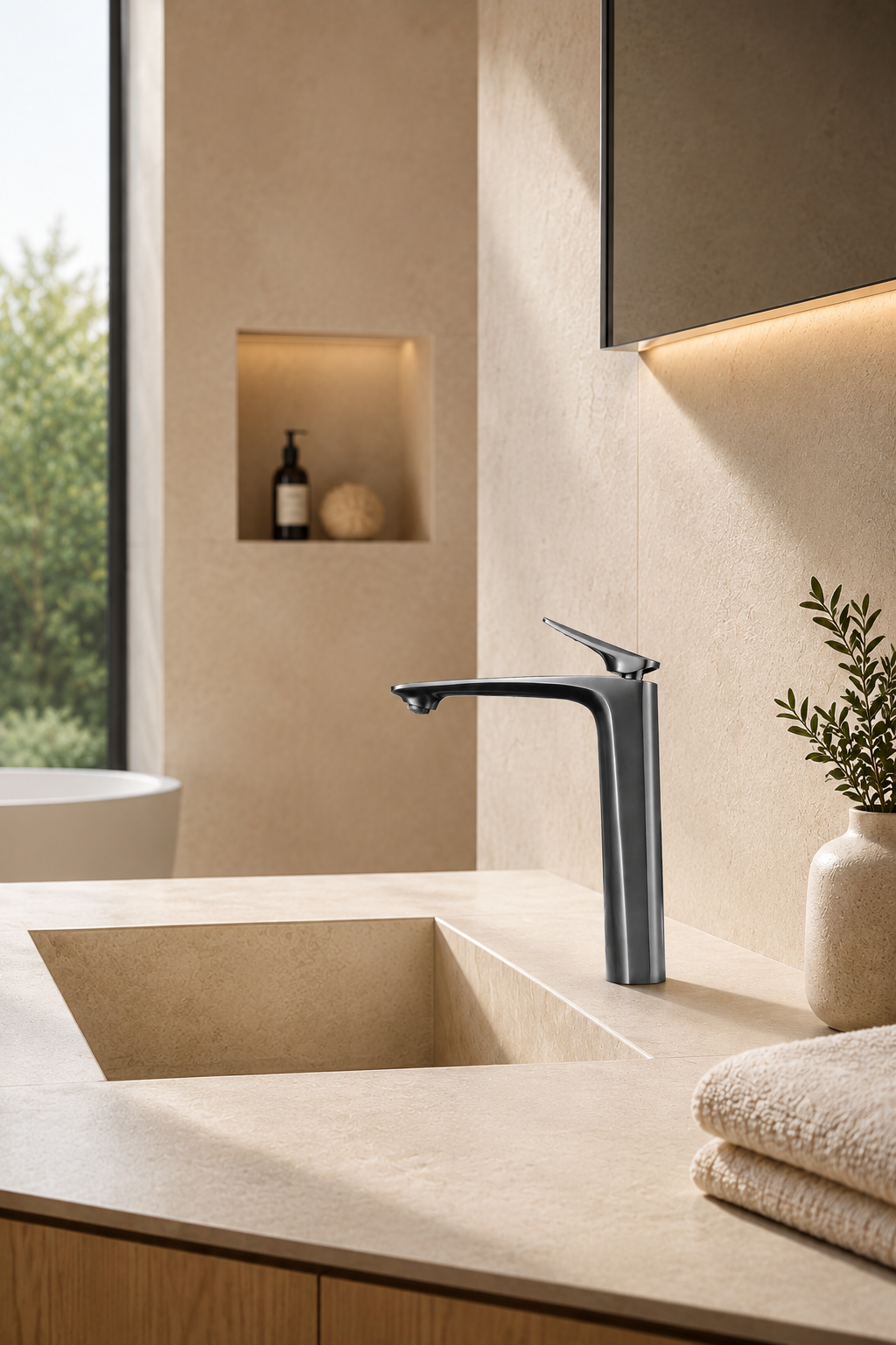 Mitigeur de lavabo NÉVOR gris brossé sur vasque à poser