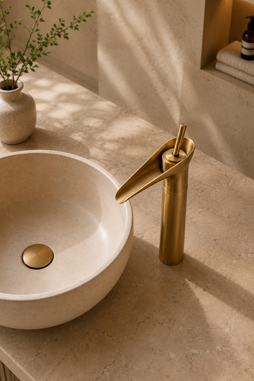 Finition laiton antique du robinet cascade lavabo CALYA