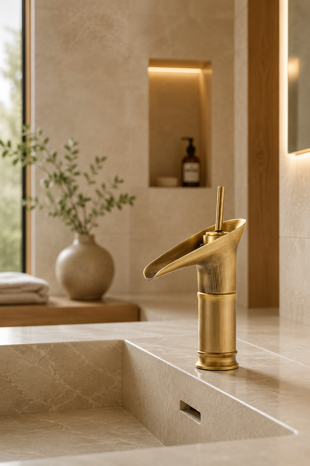 Robinet cascade lavabo laiton antique CALYA en situation sur vasque, salle de bain minimaliste
