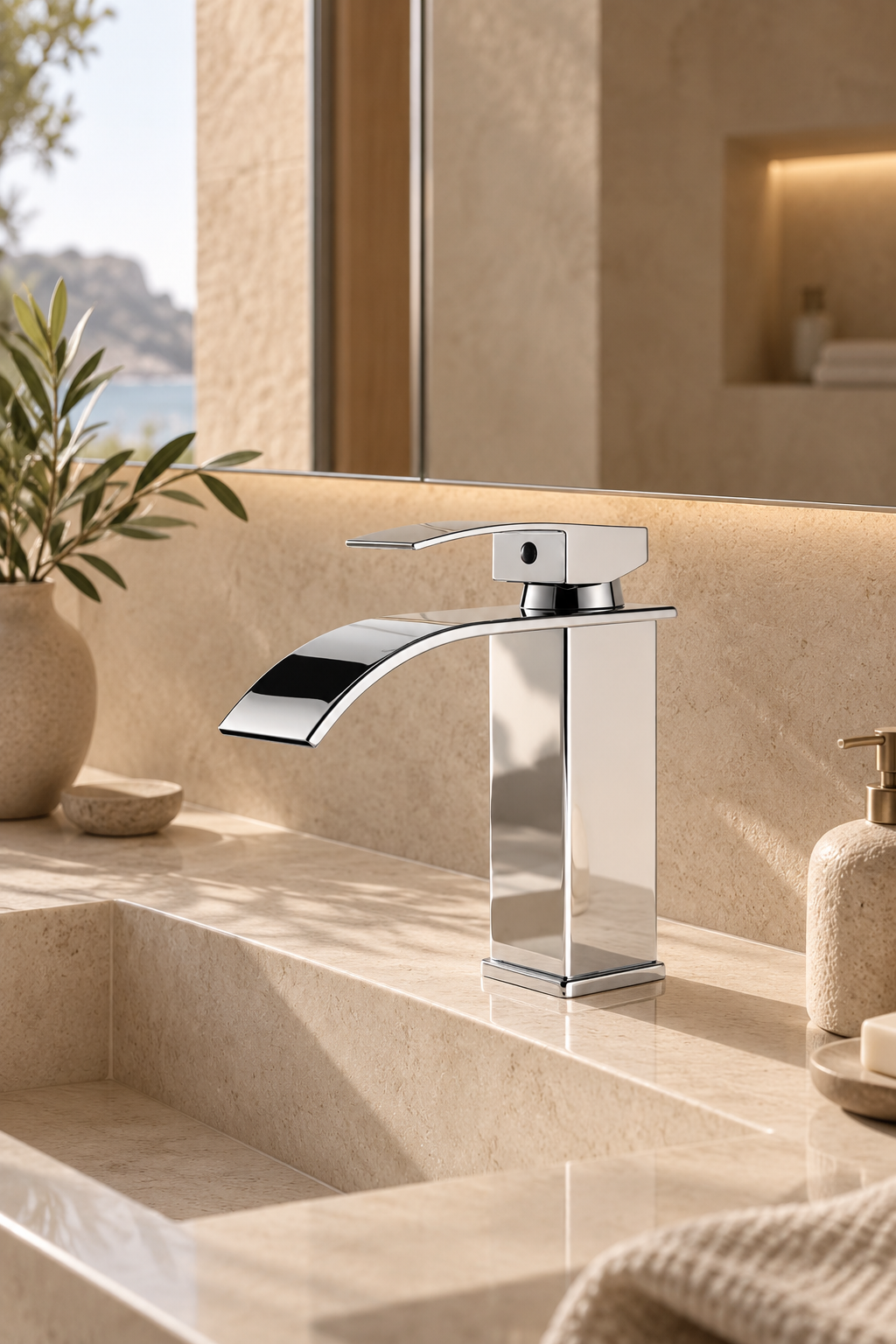Robinet cascade lavabo MÉLYA Argent sur vasque