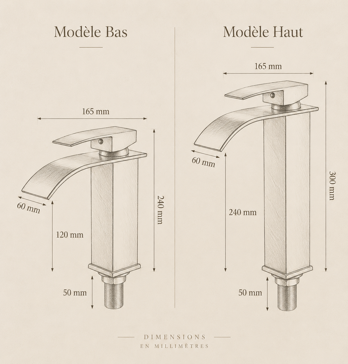 Dimensions du robinet cascade lavabo MÉLYA en millimètres