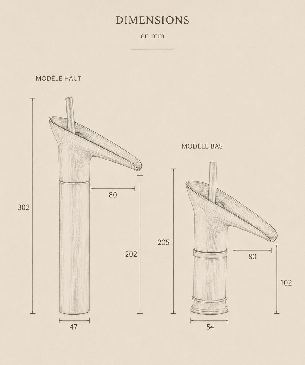 Dimensions du robinet cascade lavabo CALYA : modèle haut 302 mm, modèle bas 205 mm