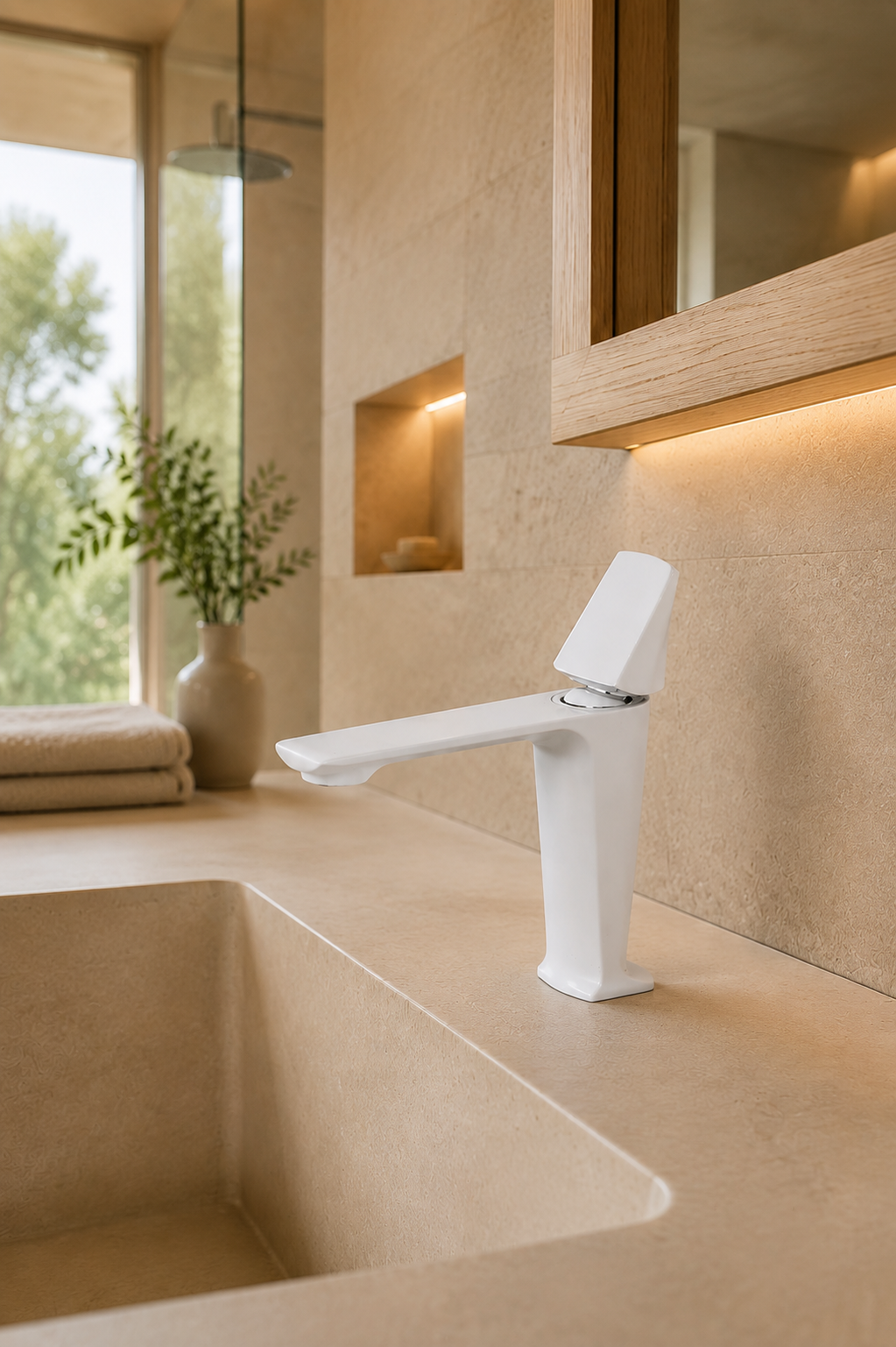 Robinet de lavabo blanc SÉONA, détail du bec spatule