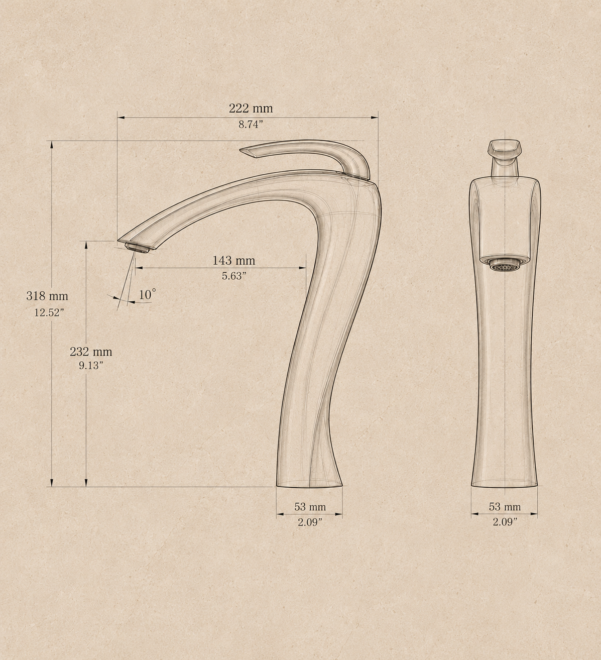Schéma coté du robinet de vasque LUNÉA : hauteur 318 mm, projection du bec 222 mm