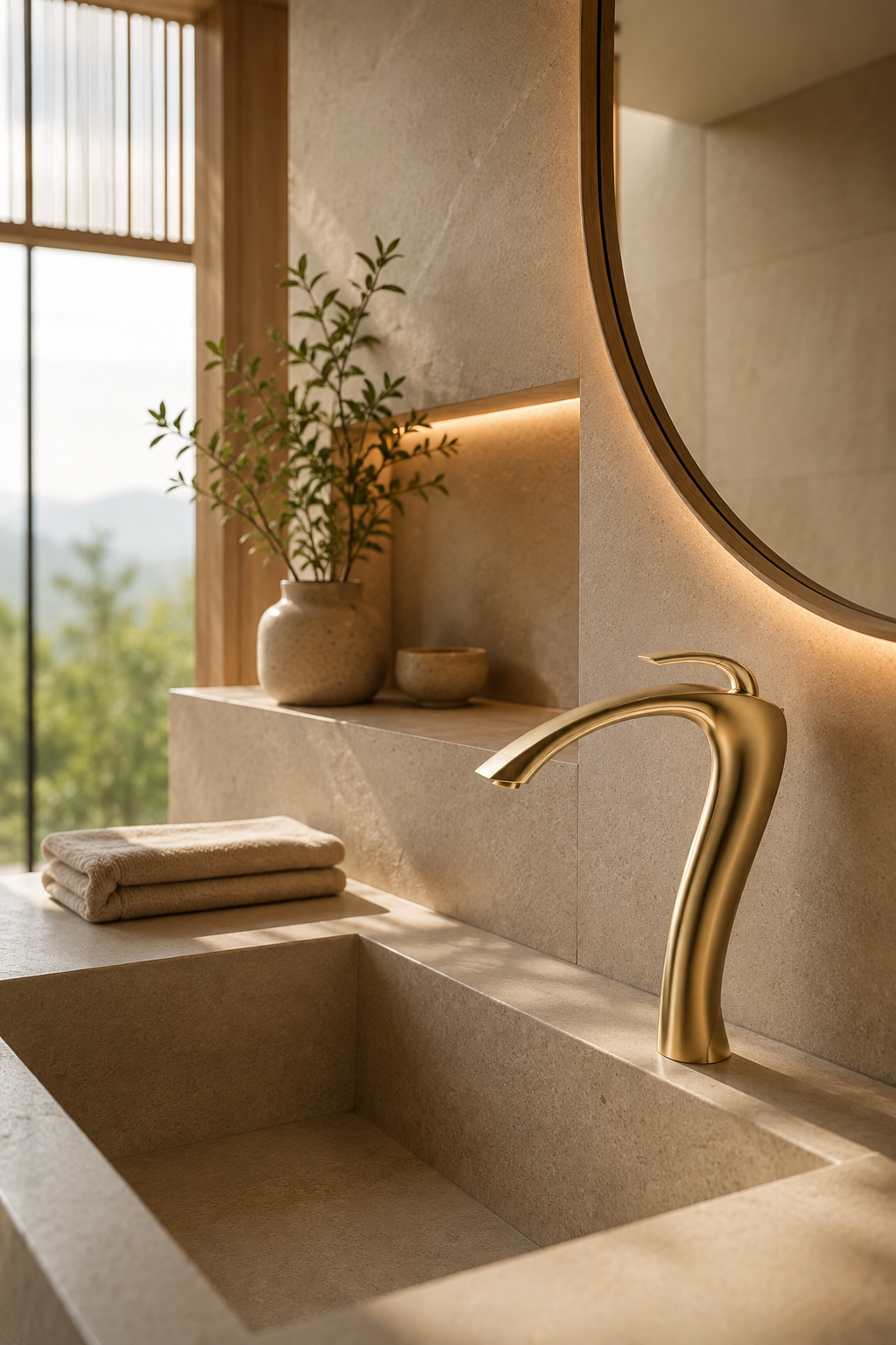 Robinet de vasque or brossé LUNÉA sur vasque en pierre, salle de bain minimaliste