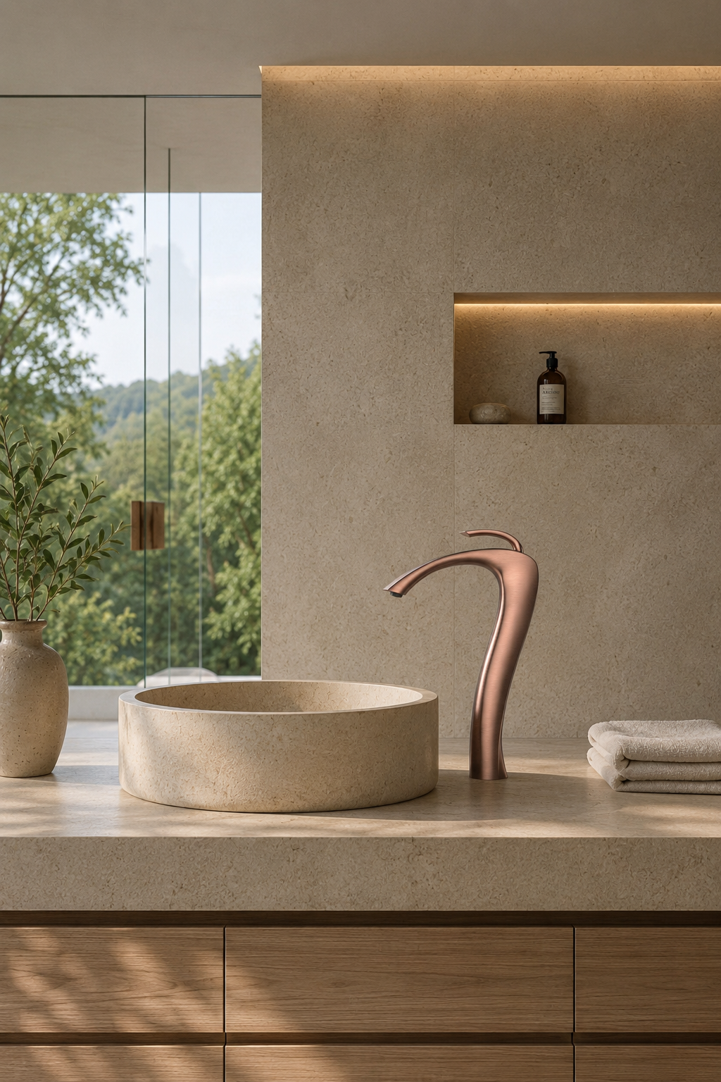 Robinet de vasque or rose brossé LUNÉA sur vasque en pierre, salle de bain minimaliste