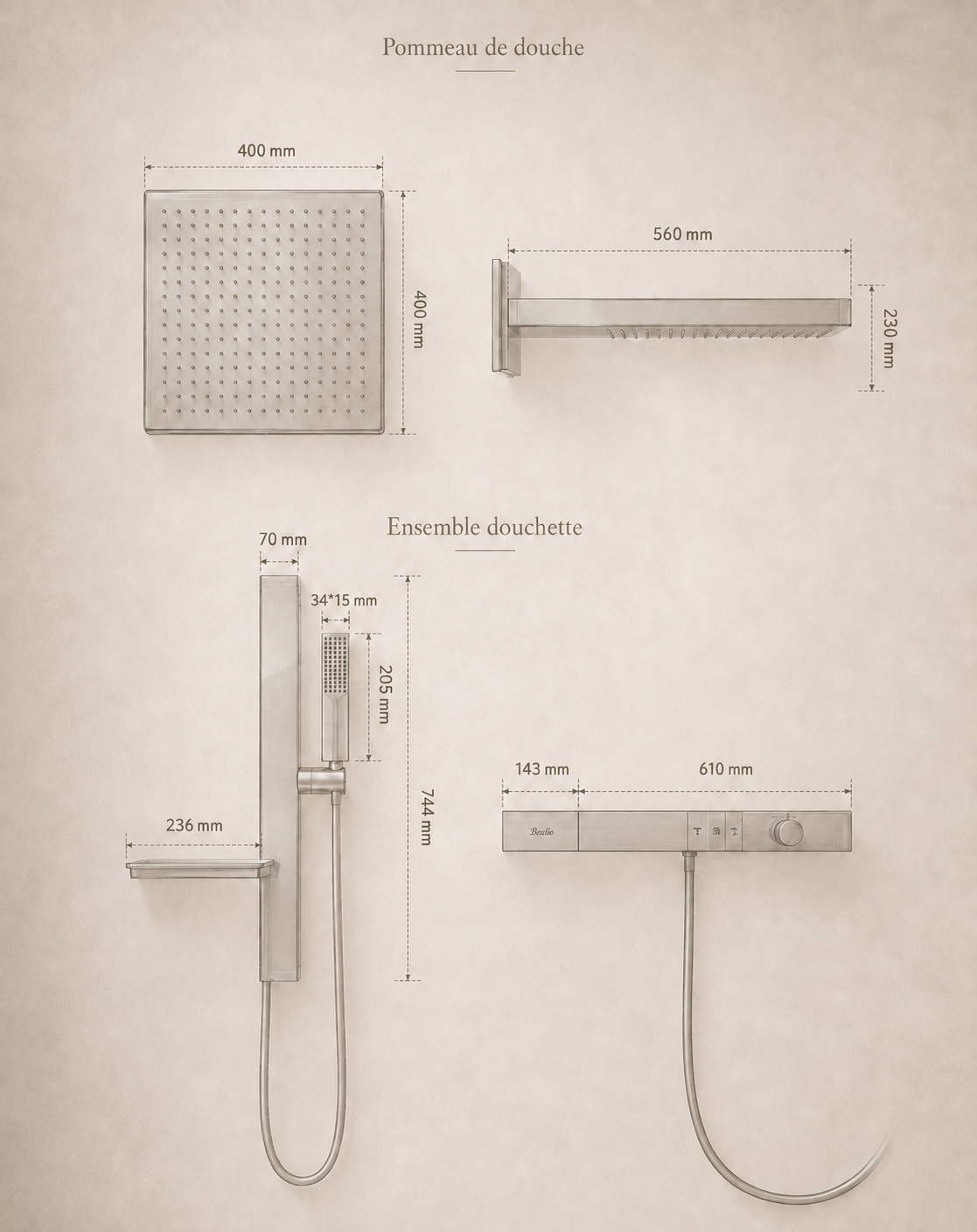 Dimensions du système de douche CÉLESTE : pommeau 400 mm, bras 560 mm, douchette, barre thermostatique 610 mm