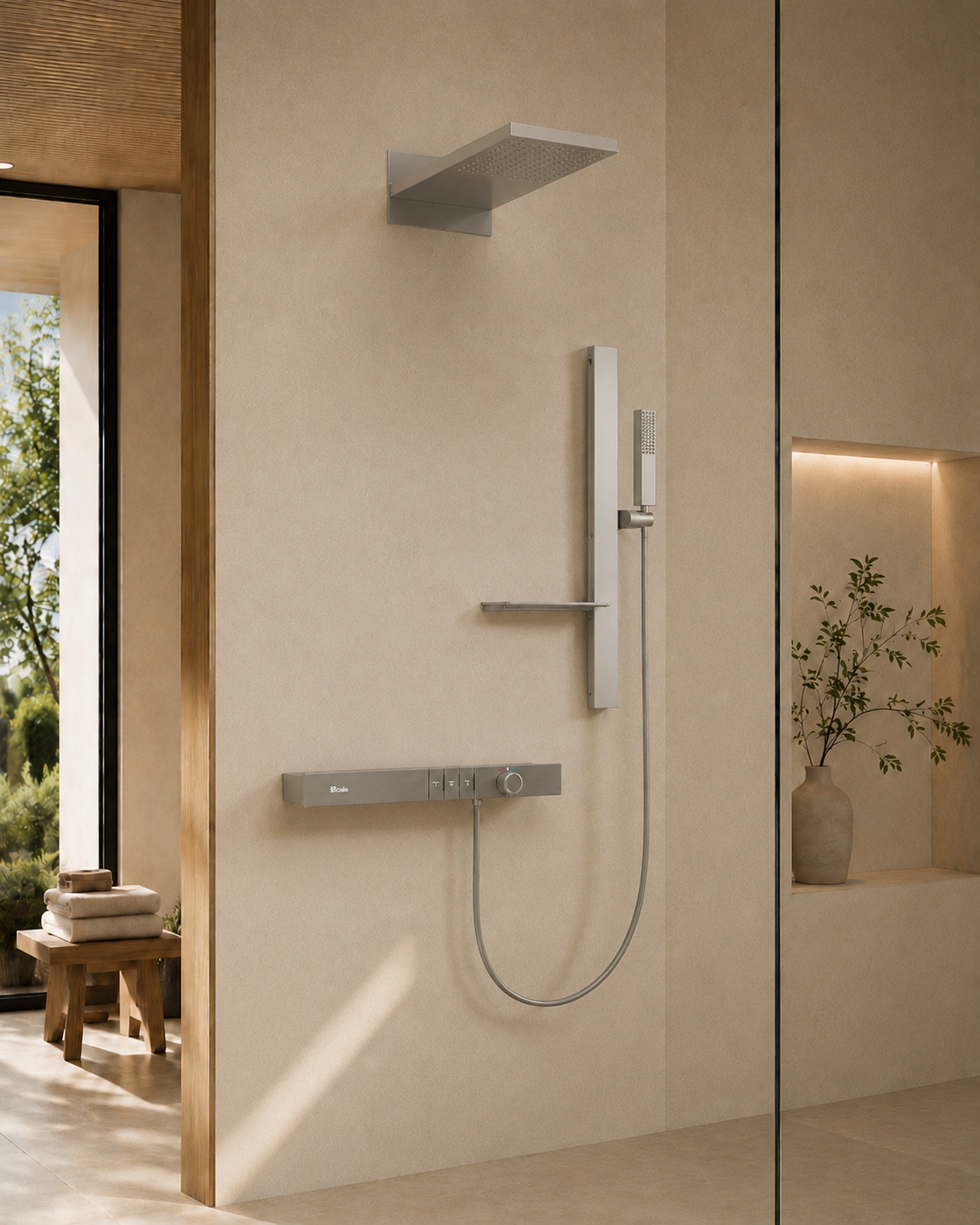 Système de douche thermostatique chromé CÉLESTE en situation, salle de bain