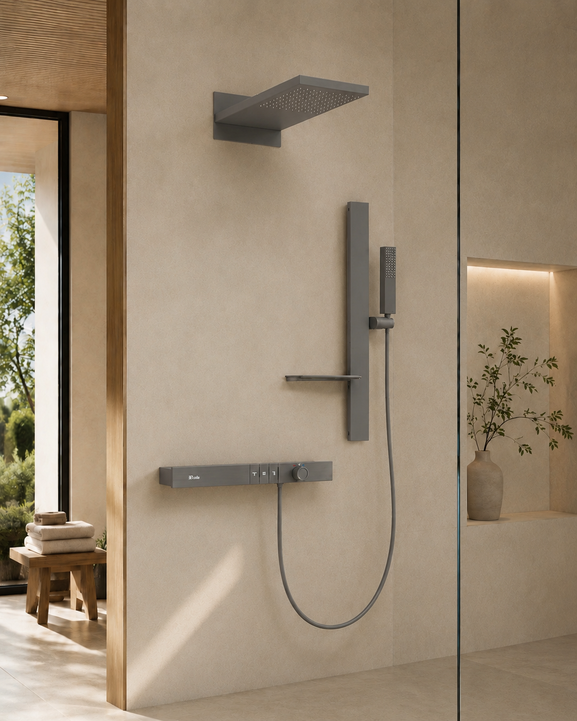 Système de douche thermostatique gris anthracite CÉLESTE en situation, salle de bain