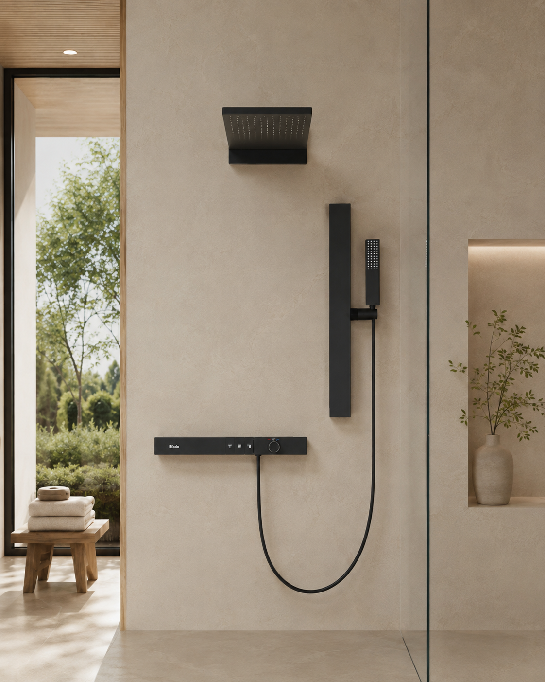 Système de douche thermostatique noir mat CÉLESTE, vue de face