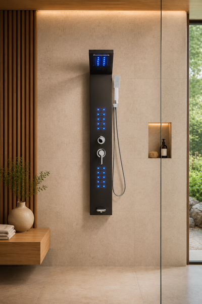 Colonne de douche hydromassante Auro noir, tête LED et jets spa
