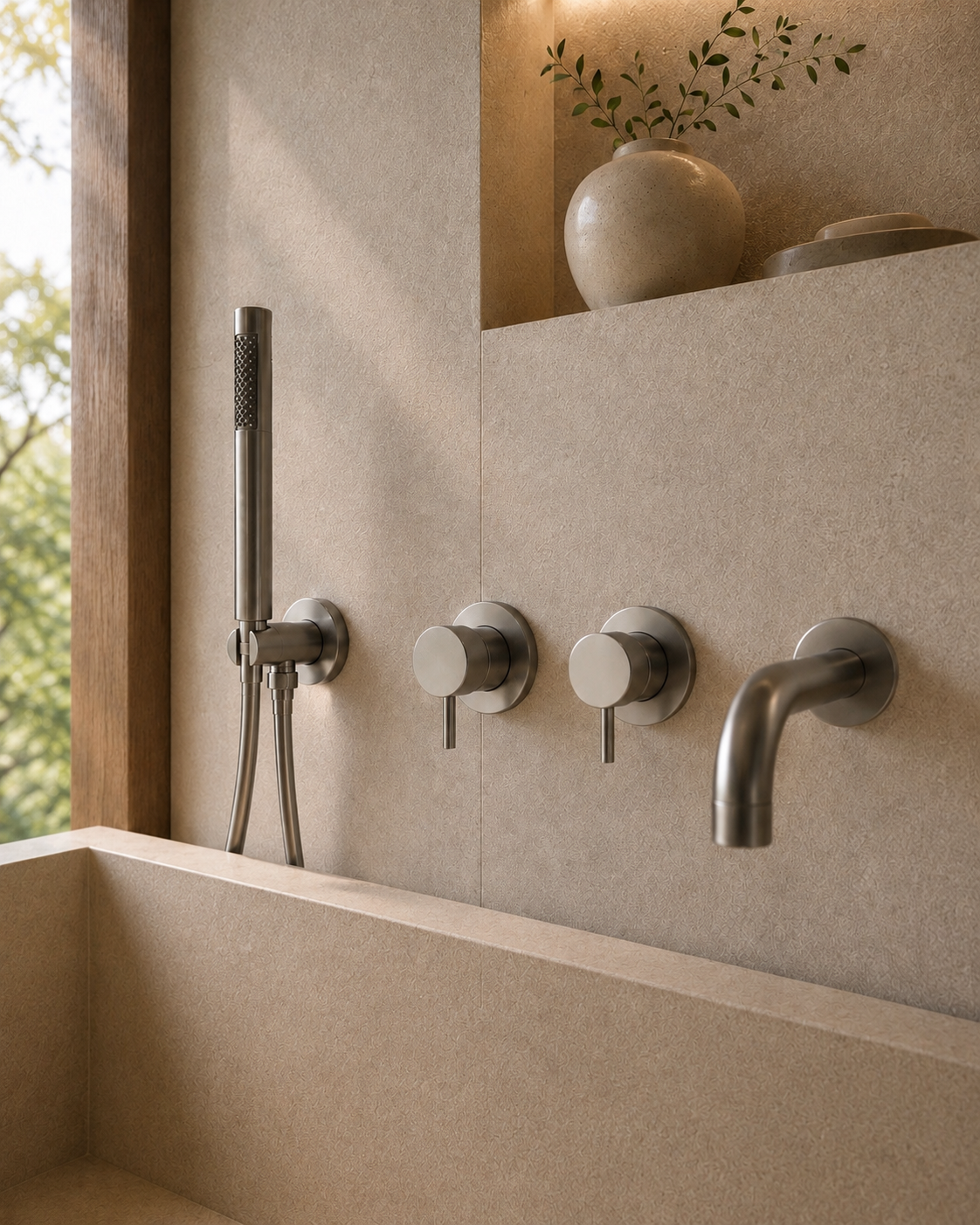 Ensemble bain-douche mural nickel brossé BAÏA, visuel 3