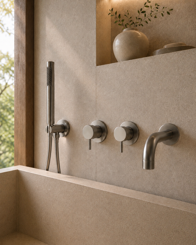 Ensemble bain-douche mural nickel brossé BAÏA, visuel 3