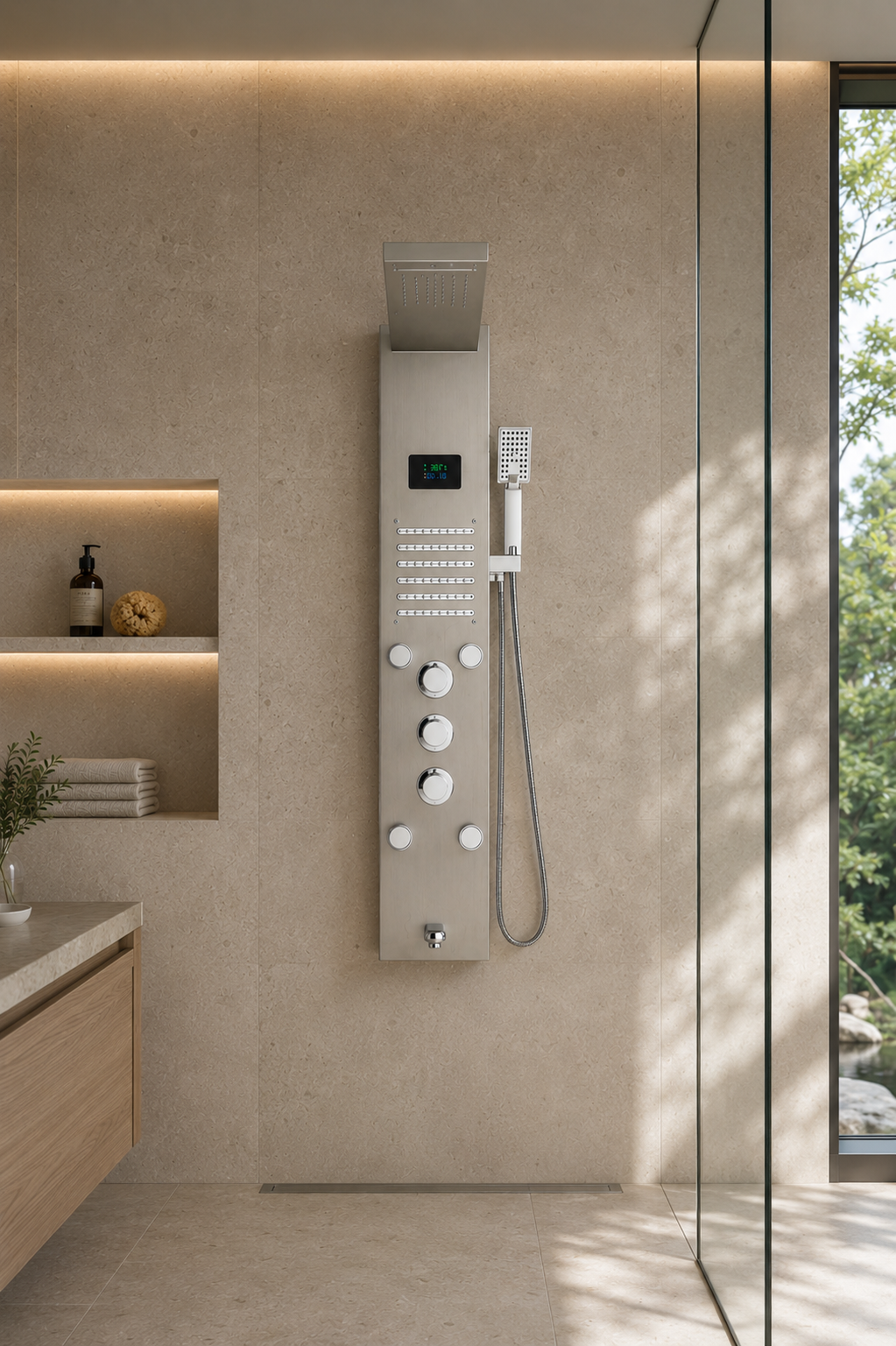 Colonne de douche hydromassante Calidor nickel — ciel de pluie, écran LCD et jets de massage