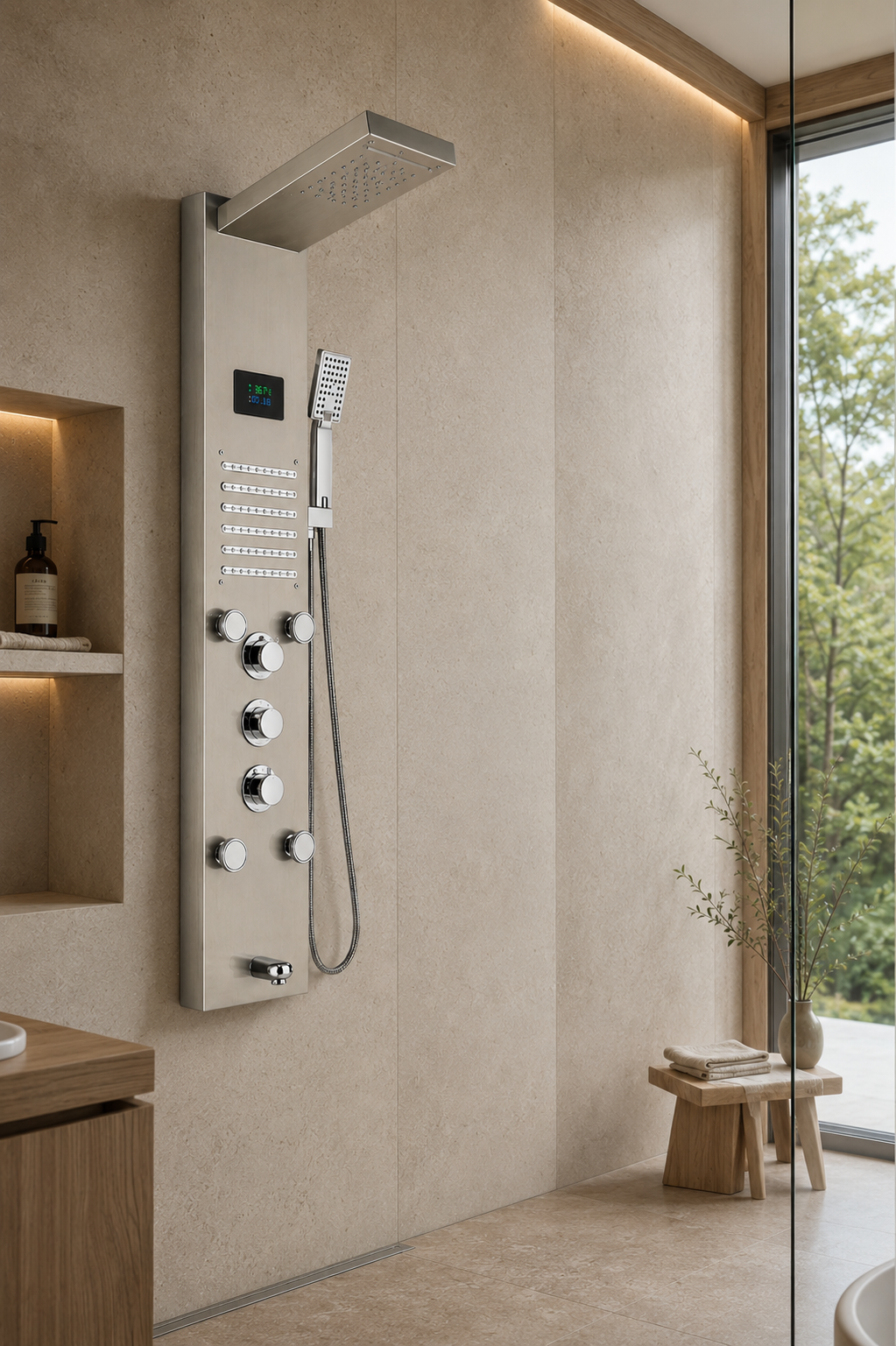 Colonne de douche hydromassante Calidor nickel, vue de profil