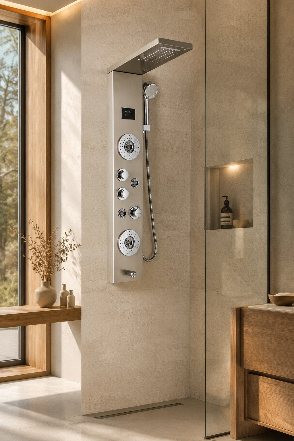 Colonne de douche hydromassante Calidor à jets concentriques, nickel, profil