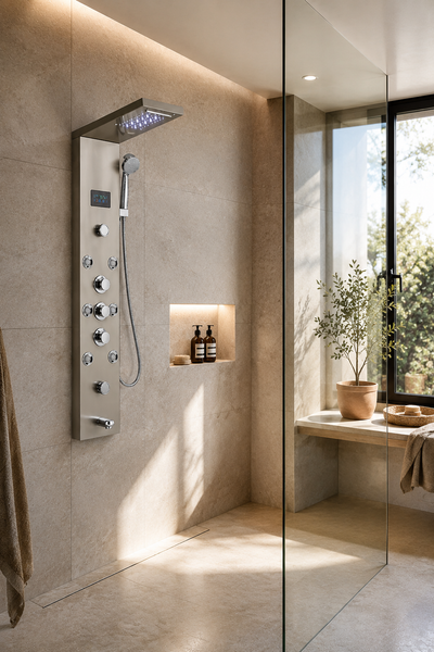 Colonne de douche hydromassante Calidor à 5 buses, finition nickel