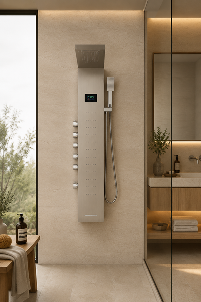 Colonne de douche hydromassante Calidor à ciel de pluie LED, finition nickel