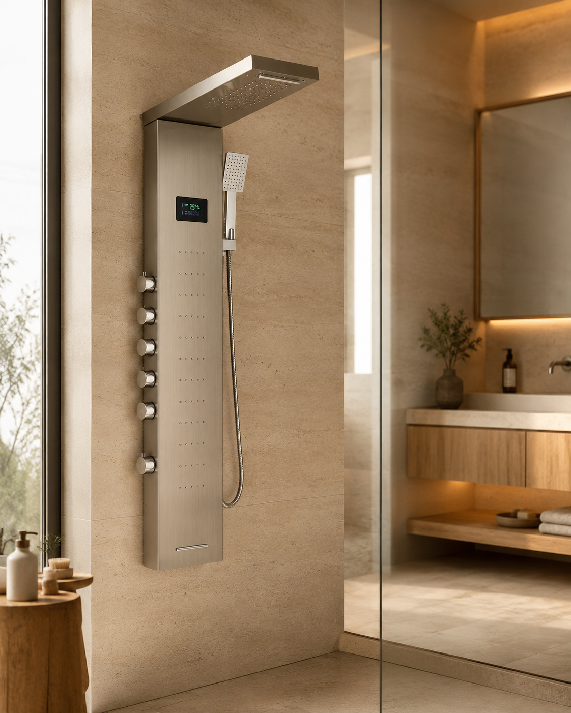 Colonne de douche hydromassante Calidor à ciel LED, nickel, profil