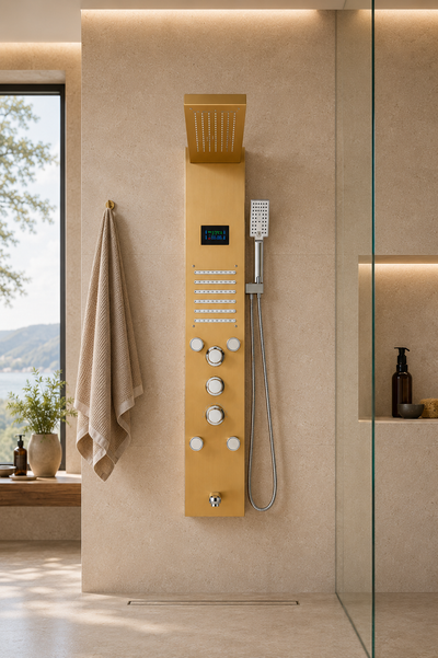 Colonne de douche hydromassante Calidor or brossé — ciel de pluie, écran LCD et jets de massage