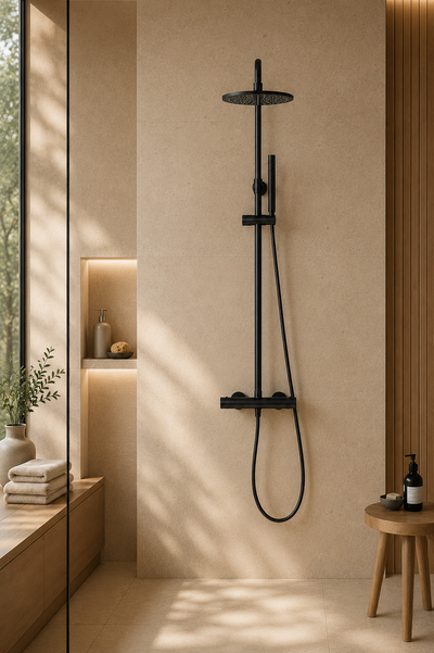 Colonne de douche thermostatique noire Vanta 20 cm, vue de face