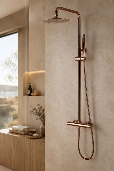 Colonne de douche thermostatique dorée Vanta 20 cm, vue de profil