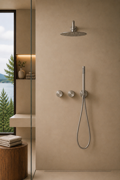 Pomme de douche murale et mitigeur nickel brossé ÉLIA, visuel 2