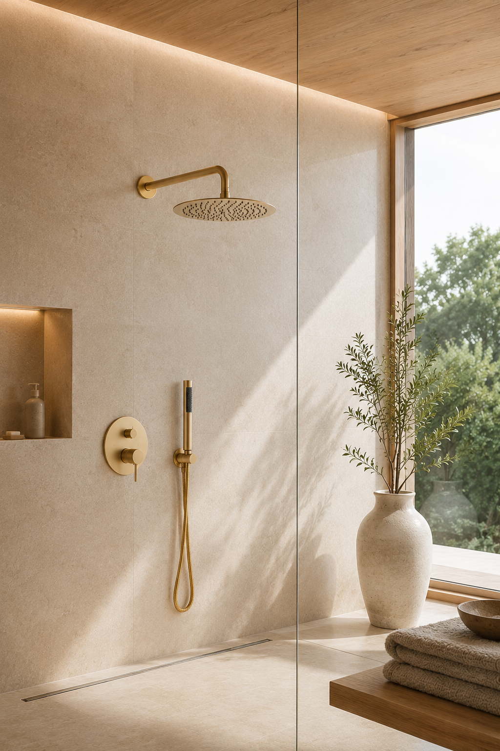Colonne de douche encastrable or brossé Fulvor, tête de pluie 30 cm
