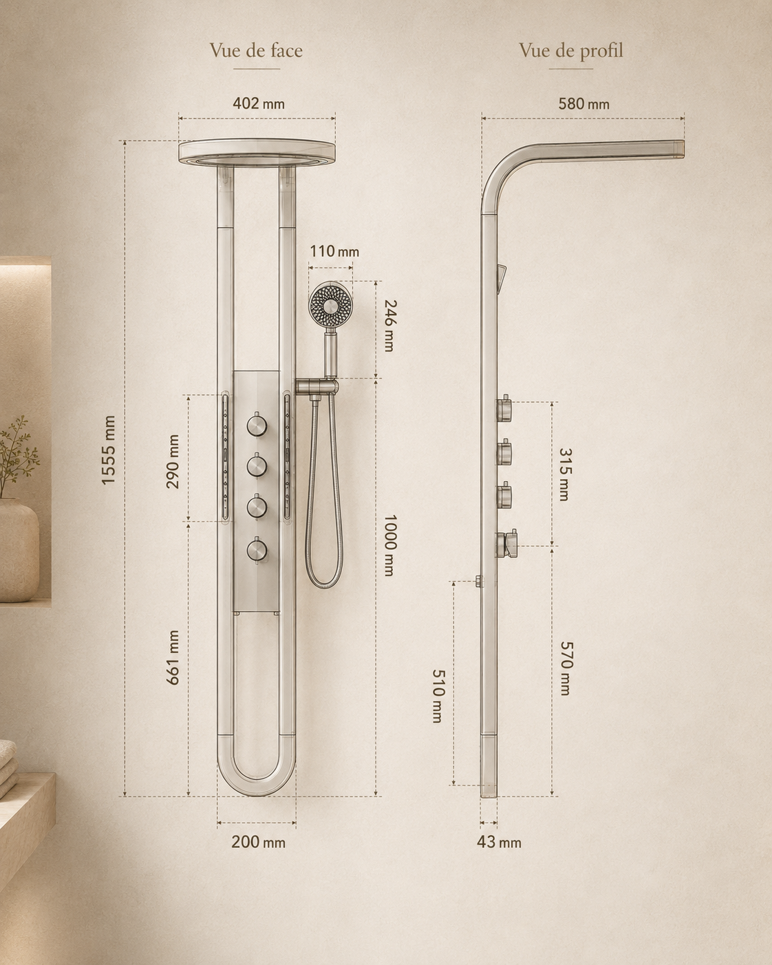 Panneau de douche hydromassant HYDRA, schéma des dimensions