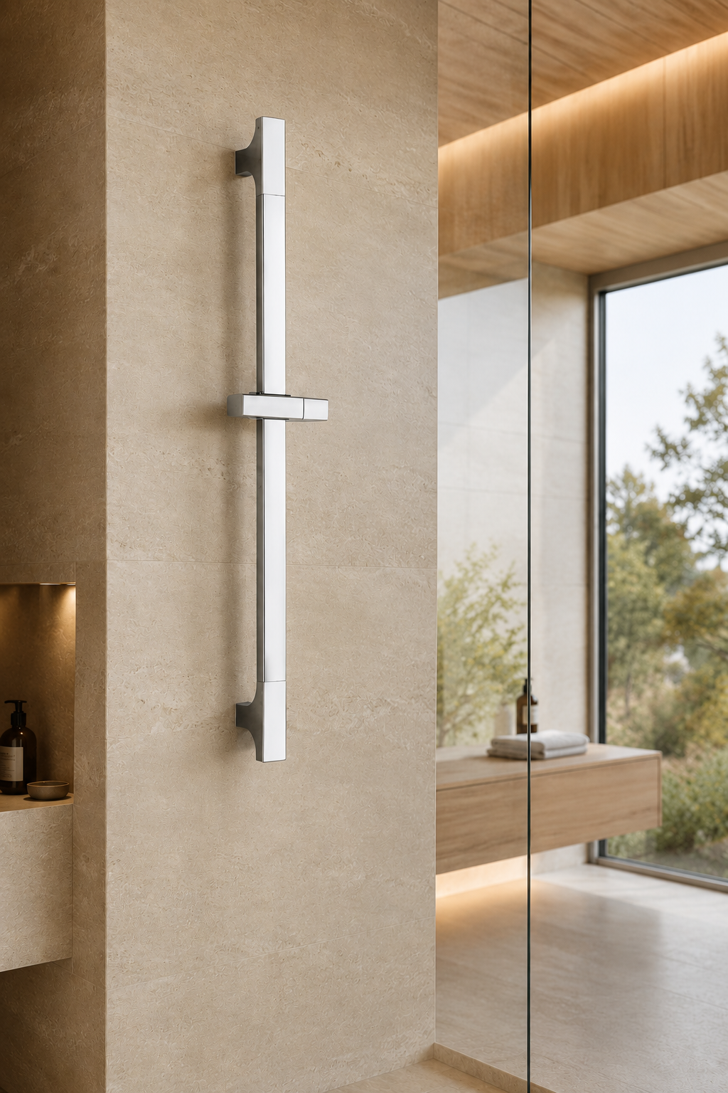 Barre de douche coulissante réglable chrome Span, vue de profil