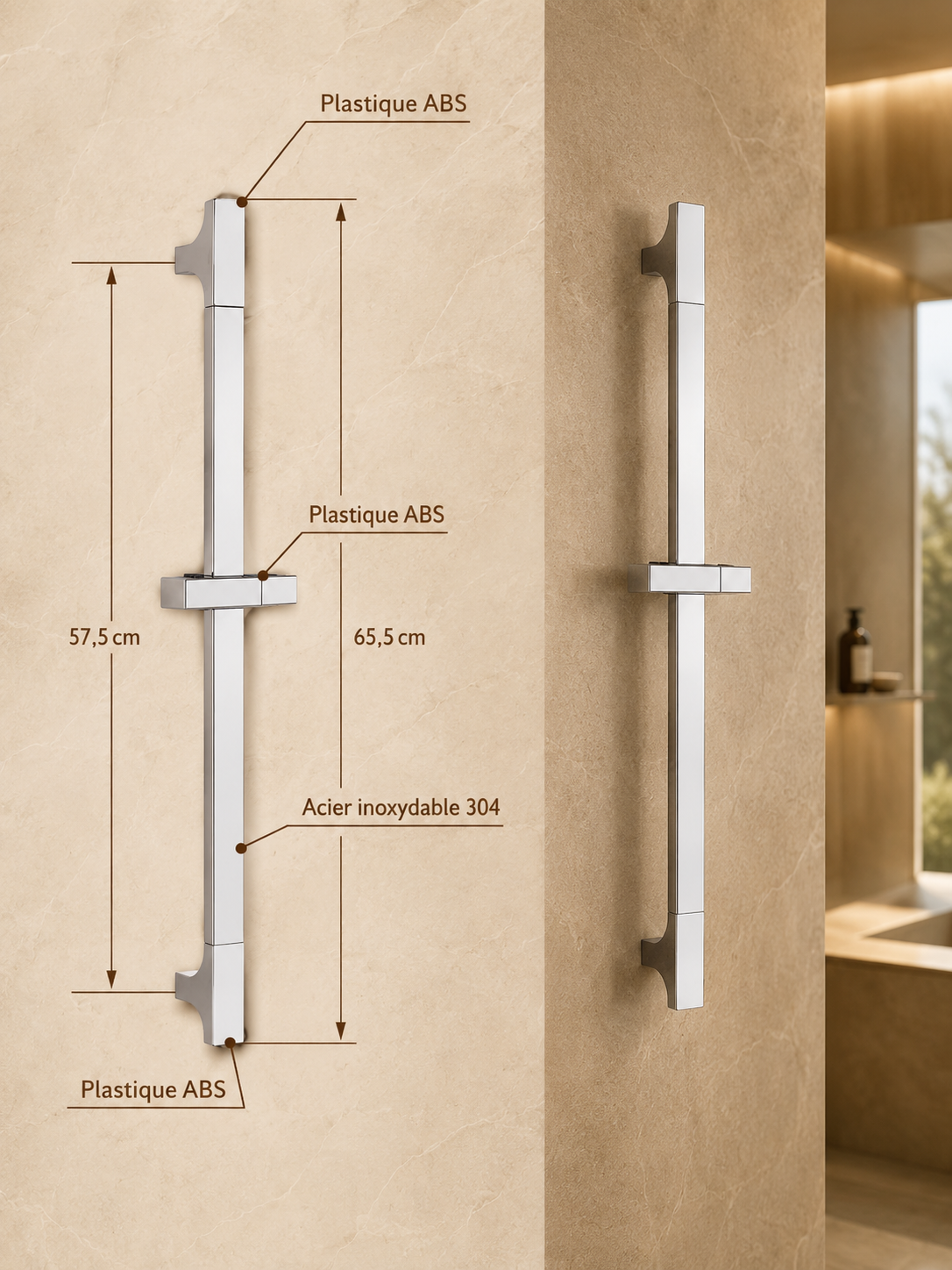 Dimensions de la barre de douche réglable chrome Span (65,5 cm, acier inox 304)