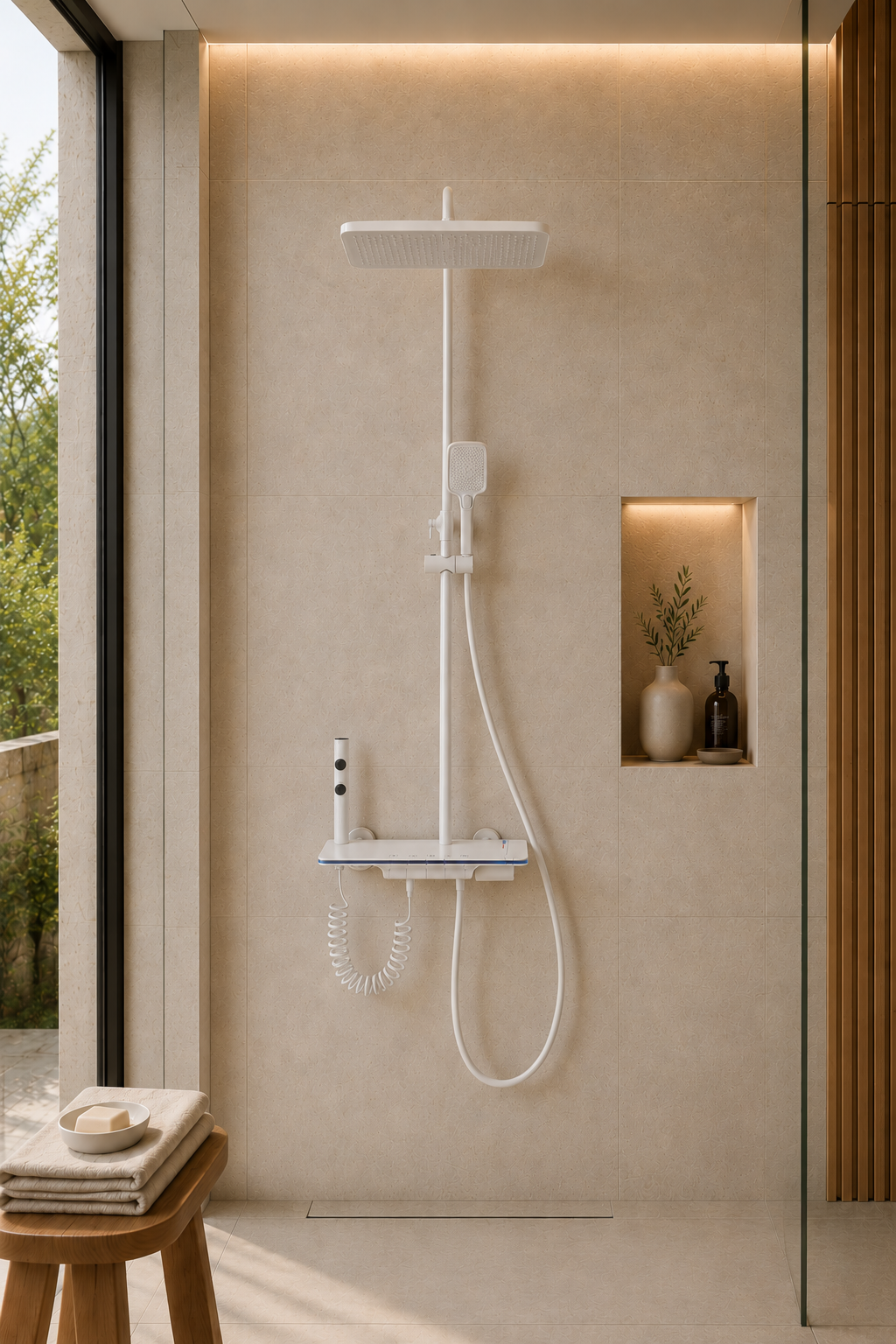 Colonne de douche thermostatique à écran LED blanche Onyx, vue de face