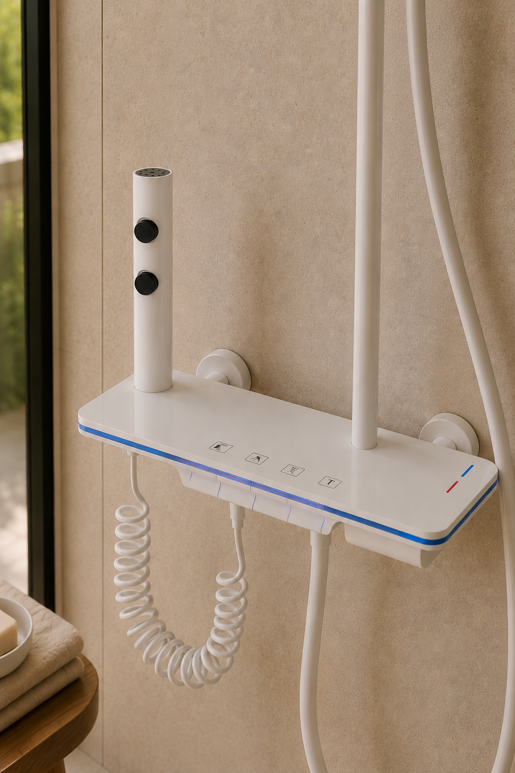 Colonne de douche thermostatique à écran LED blanche Onyx, écran LED et tablette