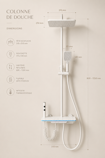 Colonne de douche thermostatique à écran LED blanche Onyx, détail