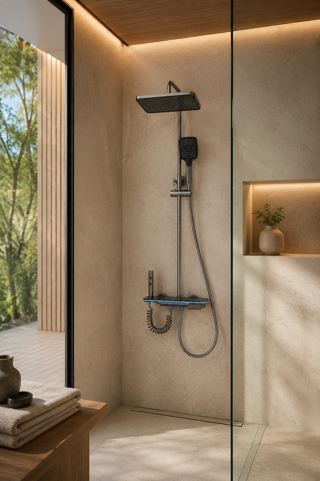 Colonne de douche thermostatique à écran LED grise Onyx, vue de face