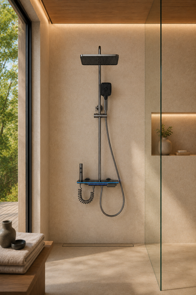 Colonne de douche thermostatique à écran LED grise Onyx, écran LED et tablette