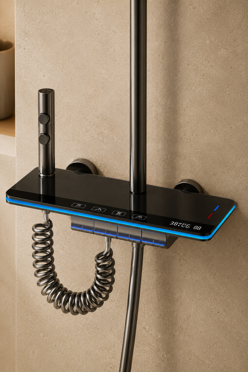 Colonne de douche thermostatique à écran LED grise Onyx, détail