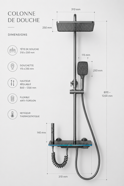 Colonne de douche thermostatique à écran LED grise Onyx