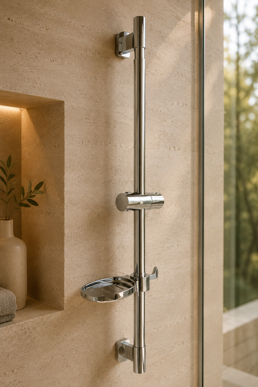 Barre de douche coulissante chrome à tablette ronde Span